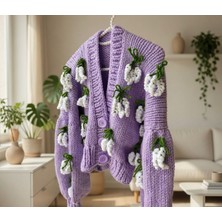 ORGANICMIRA Kadın Lila El Örgüsü Crop Hırka - 3D Leylak Çiçeği Detaylı Balon Kol Oversize Hırka