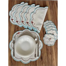 Nurhan Home Collection 12 Parça Set Love Bırds Mavi Nakışlı Amerikan Servis ve Kokteyl Sunum Peçetesi