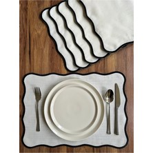 Nurhan Home Collection 6 Adet Pera Dalgalı Serisi Siyah Nakışlı Ekru Keten Amerikan Servis, Supla