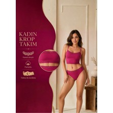 Mercan İç Giyim Kadın Dantel Detaylı Fuşya Pembe Takım (Crop+Slip) Organic Pamuk