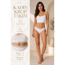 Mercan İç Giyim Kadın Dantel Detaylı Beyaz Takım (Crop+Slip) Organic Pamuk