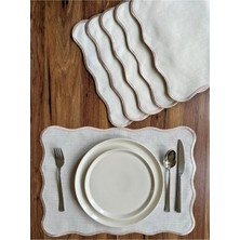 Nurhan Home Collection 6 Adet Pera Dalgalı Serisi Vizon Nakışlı Ekru Keten Amerikan Servis, Supla