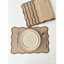 Nurhan Home Collection 6 Adet Pera Dalgalı Serisi Kahverengi Nakışlı Cappuccino Renk Keten Amerikan Servis, Supla