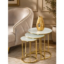 SEDAS LIVING UNITS 3'lü Zigon Sehpa Beyaz Camlı Metal Ayaklı 50 cm Yükseklik ve 47 cm Derinlik