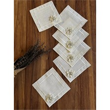 Nurhan Home Collection 6 Adet Çift Sıra Nakışlı Broşlu Kare Kokteyl Sunum Peçetesi
