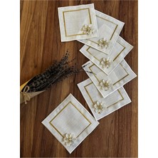 Nurhan Home Collection 6 Adet Çift Sıra Nakışlı Broşlu Kare Kokteyl Sunum Peçetesi