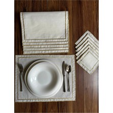 Nurhan Home Collection Çift Sıra Gold Nakışlı 12 Parça Set, Amerikan Servis Supla ve Kahve Yanı Kokteyl Sunum Peçetesi