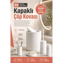 İlanib Ticaret Çizgili Desenli Beyaz 5 Parça Banyo Seti Sıvı Sabunluk Sabunluk ve Diş Fırçalık