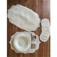 Nurhan Home Collection Çift Sıra Ekru Nakışlı 12 Parça Amerikan Servis ve Kahve Yanı Sunum Peçetesi
