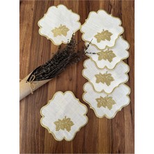 Nurhan Home Collection 6 Adet Yaprak Desenli Gold Renk Nakışlı Kahve Yanı Sunum Kokteyl Peçetesi