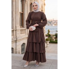 Hafsa Mina Beli Lastikli Bağlamalı Kat Kat Modal Elbise Kahverengi HM2915