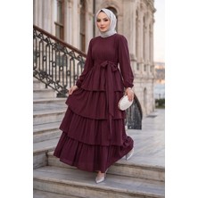 Hafsa Mina Beli Lastikli Bağlamalı Kat Kat Modal Elbise Bordo HM2915