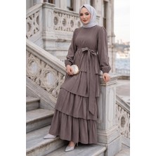 Hafsa Mina Beli Lastikli Bağlamalı Kat Kat Modal Elbise Vizon HM2915