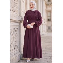 Hafsa Mina Kuşaklı Beli Lastikli Modal Elbise Bordo HM2916
