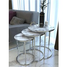 SEDAS LIVING UNITS 3'lü Beyaz Mermer Camnikel Metal Sehpa