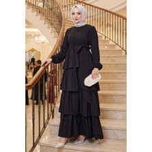 Hafsa Mina Beli Lastikli Bağlamalı Kat Kat Modal Elbise Siyah HM2915