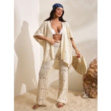 Jinx Wear Fashion Bohem Kadın Giyim Yazlık Tığ Örgü Üç Çeyrek Kollu Kimona ve Pantolon Örtü Takımı Beyaz Plaj Tatil