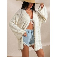 Jinx Wear Fashion Kadın Yaz Tatil Plaj Örgü Retro Ön Bağlamalı Bikini Üstü Kimono Ceket