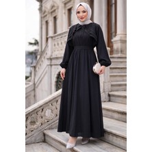 Hafsa Mina Kuşaklı Beli Lastikli Modal Elbise Siyah HM2916