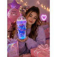 Kesene Boncuklu Sevimli Unicorn Tasarımlı 450 ml LED Işıklı Pipetli Içecek Bardağı Suluk Mavi 2646