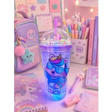Biton Toptan LED Işıklı Unicorn Tasarımlı Pipetli Suluk – Hediyelik Buz Görünümlü 450 ml Çift Katman 2646 Mor