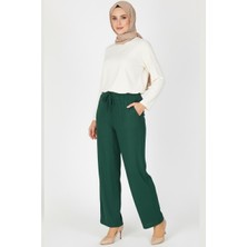 Hadiora Kadın Yeşil Beli Lastikli Bağcıklı Atlas Bol Paça Pantolon