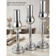 Modern Gümüş Şamdan Mumluk Seti 3’lü Kristal Detaylı Salon Masa Dekoru