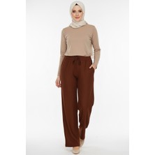 Hadiora Kadın Koyu Taba Beli Lastikli Bağcıklı Atlas Bol Paça Pantolon