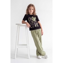 Joy Kids Kız Çocuk Ispanyol Paça Yazlık Penye Takım (5-8yaş) (Siyah-Haki)