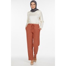 Hadiora Kadın Turuncu Beli Lastikli Bağcıklı Atlas Bol Paça Pantolon