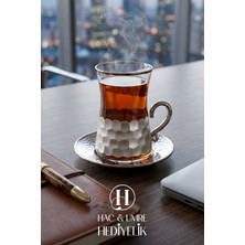 Kulplu Platin Çay Bardak Seti | 6 Kişilik Çay Takımı | Petek Desenli Platin Işlemeli Lüks Çay Takımı | Kulplu Cam Çay Bardağı Takımı