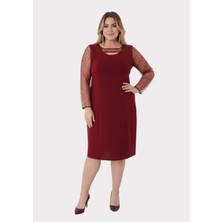 Lilas Xxl Büyük Beden Bordo Renkli Kısa Krep Abiye Elbise
