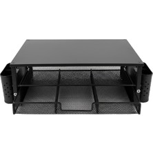 Temel Siyah Ahşap Üst Tablalı Metal Mesh Monitör Yükseltici Stand Çekmeceli Kalemlikli Masaüstü Organizer 9214