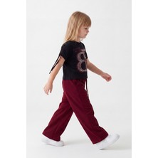 Joy Kids Kız Çocuk Ispanyol Paça Pul Baskılı Rahat Takım (5-8yaş) (Bordo-Siyah)
