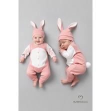 Babyden's Tavşan Kulaklı Yenidoğan Tulum Seti  %100 Pamuklu  Ayarlanır Ponponlu Unisex Bebek Tulum Şapka Set