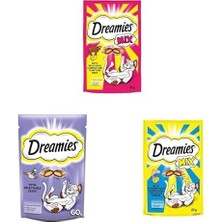 Dreamies Seti | Kuru Sığırlı ve Peynirli, 60 G X2 + Kedi Ördekli Ödül Maması 60 gr X2 + Kuru Somonlu ve Peynirli, 60 G X2