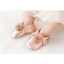Banu’m Serisi Rose %100 Hakiki Deri Kız Bebek Makoseni 12,5 cm Iç Taban Yumuşak Taban Ilk Adım Ayakkabısı Rose Lame 6-9 Ay