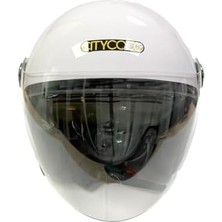 Motosiklet Yarım Kask, Parlak Beyaz, Çift Vizörlü, Stil, Terletme Yapmaz Pedler -L Beden
