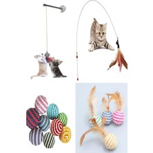 4'lü Set: Ip Sarma Top, Vantuzlu Kedi Oltası, Tüylü Top ve 90 cm Olta