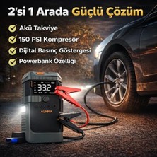 Akü Takviye Cihazı, Akü Takviyeli Hava Kompresörü, 150 Psı Dijital Göstergeli Oto Kompresör, Taşınabilir Şarjlı Kullanım, Fener Işığı ve Sos Mod, 12000 Mah Batarya (Psı,kpa,bar,kg/cm²)