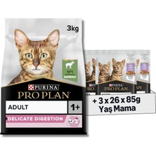 Pro Plan Delicate Kuzu Etli Kuru Kedi Maması 3 kg + Purina Pro Plan Healthy Start Sos Içinde Hindi Etli Yavru Kedi Maması 85GR Pouch x 26 Adet x 3 Adet