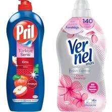Pril Türkiye Serisi - Amasya Elma Kokulu Elde Yıkama Sıvı Bulaşık Deterjanı (1 x 675 G) + Vernel Max Fresh Control Çiçek Ferahlığı 55 Yıkama Konsantre Çamaşır Yumuşatıcısı (1 x 1370 Ml)