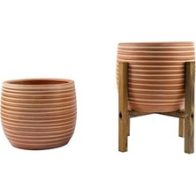 Ev Dekorasyon Yan Çizgi Desenli Terrakota Toprak Saksı Saksılık Salon Çiçeklik Ikili Set Ayaksız - 4 Ayaklı- 15 cm