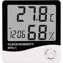 Htc-1 Dijital Termometre Higrometre, Saat ve Nem Ölçer, LCD Ekran, 10X10 Cm, Siyah Beyaz