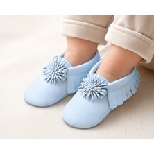 Banu’m Serisi Azzurro %100 Hakiki Deri Erkek Bebek Makoseni 12,5 cm Iç Taban Yumuşak Taban Ilk Adım Ayakkabısı Pudra Mavi 6-9 Ay
