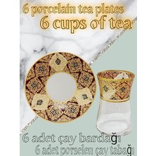 Heybeli Altın Bordo Desenli Cam Porselen Çay Seti 6 Kişilik Tea Set For 6 Persons Premium Porcelain