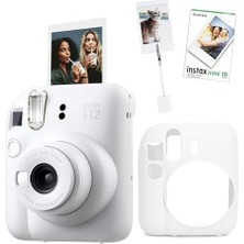 Mini 12 Beyaz Fotoğraf Makinesi-10'lu Film-Kıskaçlı Resim Standı ve Silikon Kılıf Seti