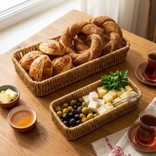 Hasır Örgü Dikdörtgen Sepet Tepsisi, 2'li Set, Doğal Renk, Ekmek ve Organizer Kullanımı, 28X10 cm ve 24X9 cm