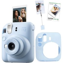 Mini 12 Mavi Fotoğraf Makinesi-10'lu Film-Kıskaçlı Resim Standı ve Silikon Kılıf Seti