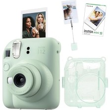 Mini 12 Yeşil Fotoğraf Makinesi-10'lu Film-Kıskaçlı Resim Standı ve Simli Pleksi Kılıf Seti